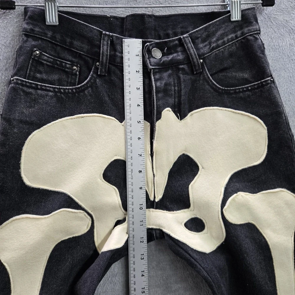 MNML Men Jeans 28 Black Denim Skinny Skeleton Patchwork Emo Goth Grunge Y2K READ